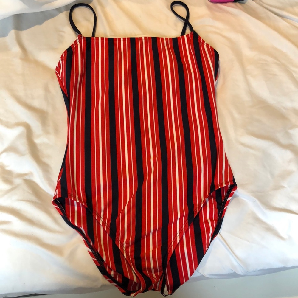 Red White Navy Striped One Piece Swimsuit